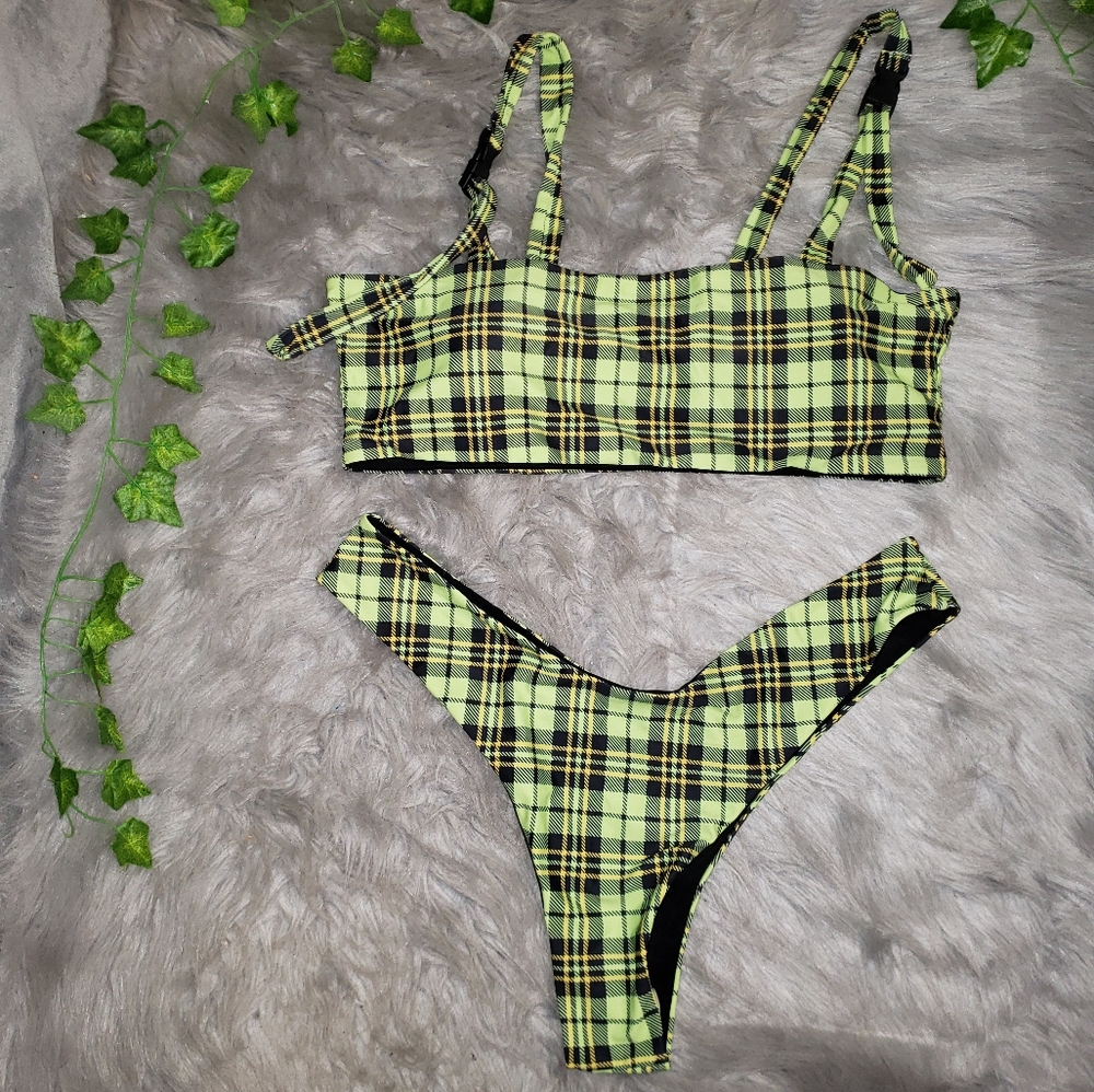 2 pc Swimsuit Bikini Green plaid